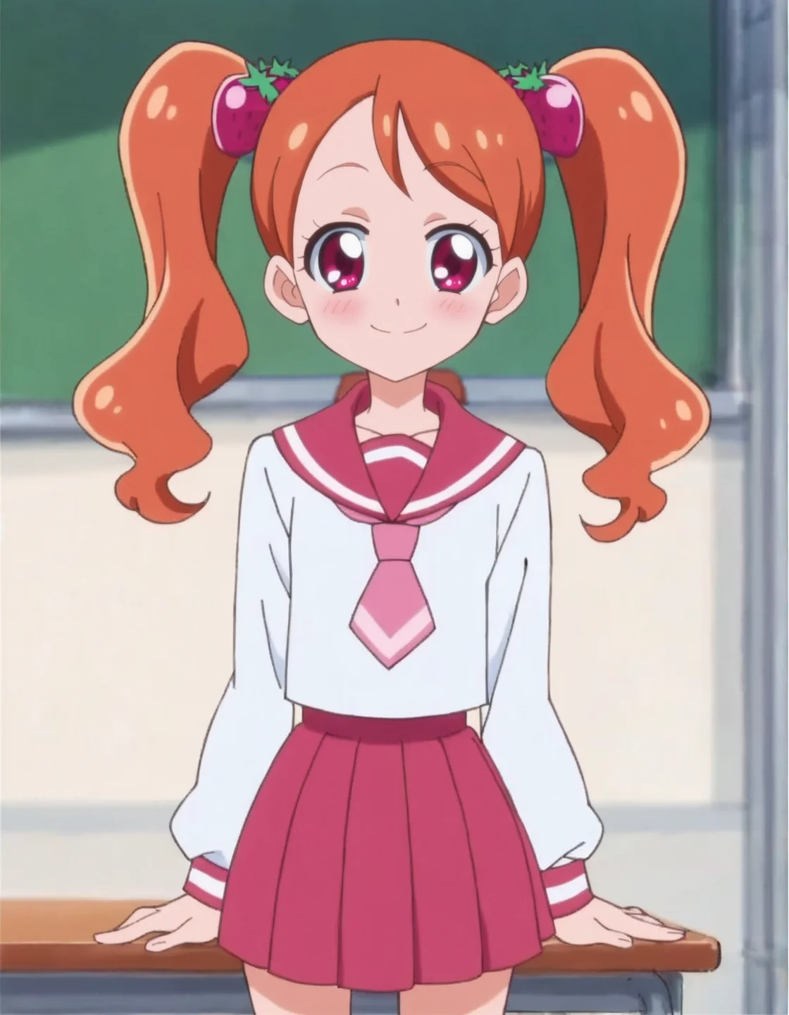 score_9, score_8_up, score_7_up, anime screencap, solo,1girl,usamiichika,  school uniform, pink necktie, smile, pleated skirt,  pink skirt, slooking at viewer, serafuku, long sleeves, shirt, strawberry hair ornament, looking at viewer,cowboy shot,small breasts,blush<lora:usamiichika:0.8>