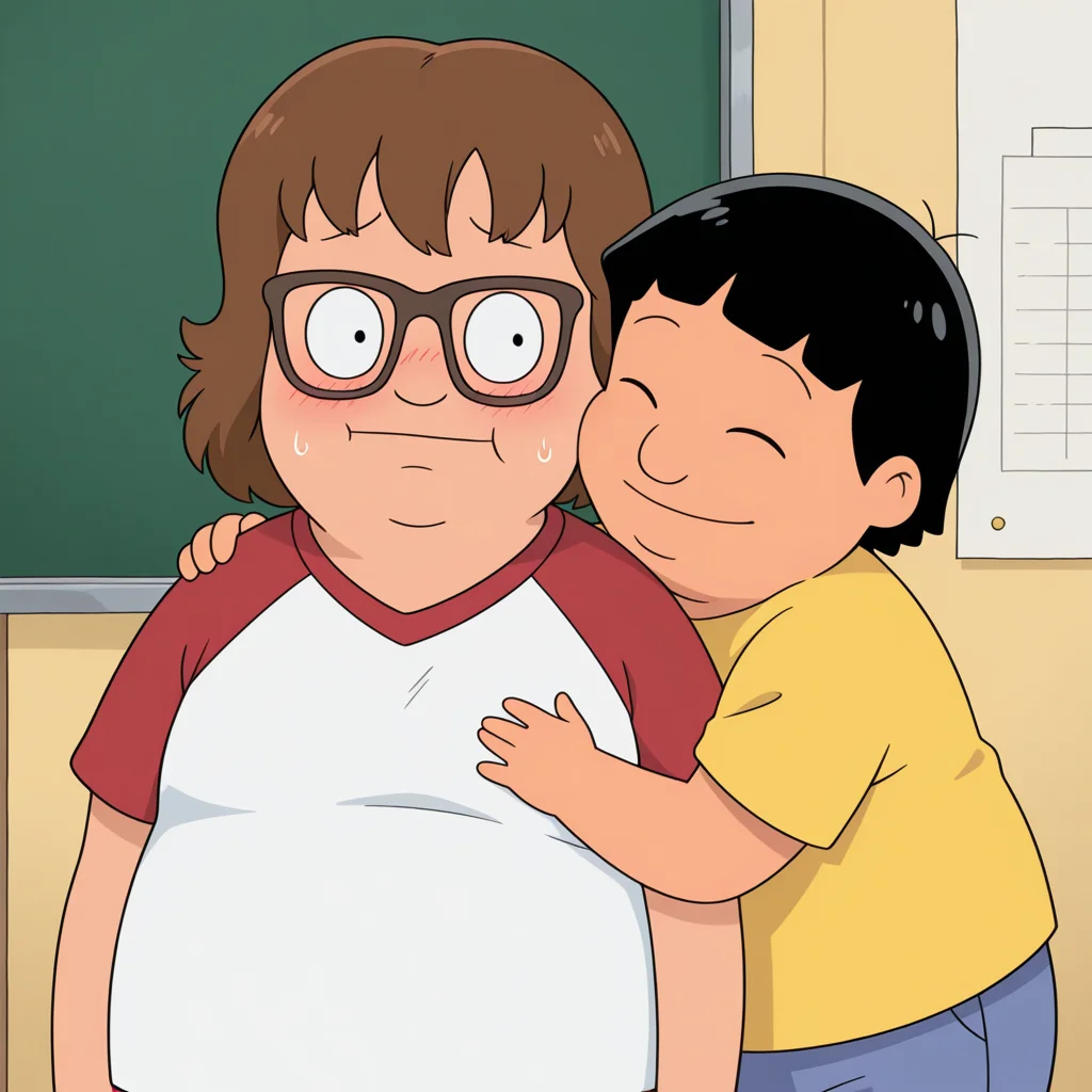 high quality, masterpiece, amazing quality, colorful, best quality, detailed background, school, ((duo, 2boys)), friends, <lora:alex+gene-v4-07:0.9> (cheek-to-cheek), hug,
((bb-alex), brown hair, chubby, aged_down), 2boys, male focus, glasses, white t-shirt, red raglan_sleeves, short sleeves, sweatdrop, blush, light smile,
((bb-gene), black hair, plump, aged_down), 2boys, light smile, no eyeweard, yellow t-shirt, blue shorts