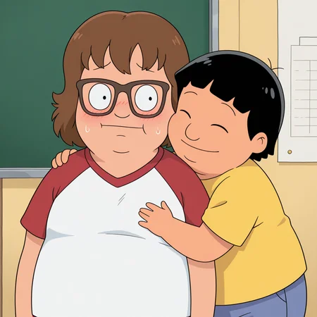 high quality, masterpiece, amazing quality, colorful, best quality, detailed background, school, ((duo, 2boys)), friends, <lora:alex+gene-v4-07:0.9> (cheek-to-cheek), hug, 
((bb-alex), brown hair, chubby, aged_down), 2boys, male focus,  glasses, white t-shirt, red raglan_sleeves, short sleeves, sweatdrop, blush, light smile, 
((bb-gene), black hair, plump, aged_down), 2boys, light smile, no eyeweard, yellow t-shirt, blue shorts