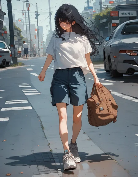 score_9, score_8_up, score_7_up, score_6_up, score_5_up, score_4_up, source_anime, 1girl, solo, 18yo, (slim face:1.5), (bangs:1.2), skinny, thin body, wide hips, thin thighs,
<lora:Expressive_H:1><lora:Kenva:0.8> <lora:naipf:0.6>
motor vehicle, black hair, ground vehicle, car, solo, shirt, sidewalk, bag, walking, long hair, pants, white shirt, shoes, outdoors, t-shirt, sneakers, shadow, holding, short sleeves