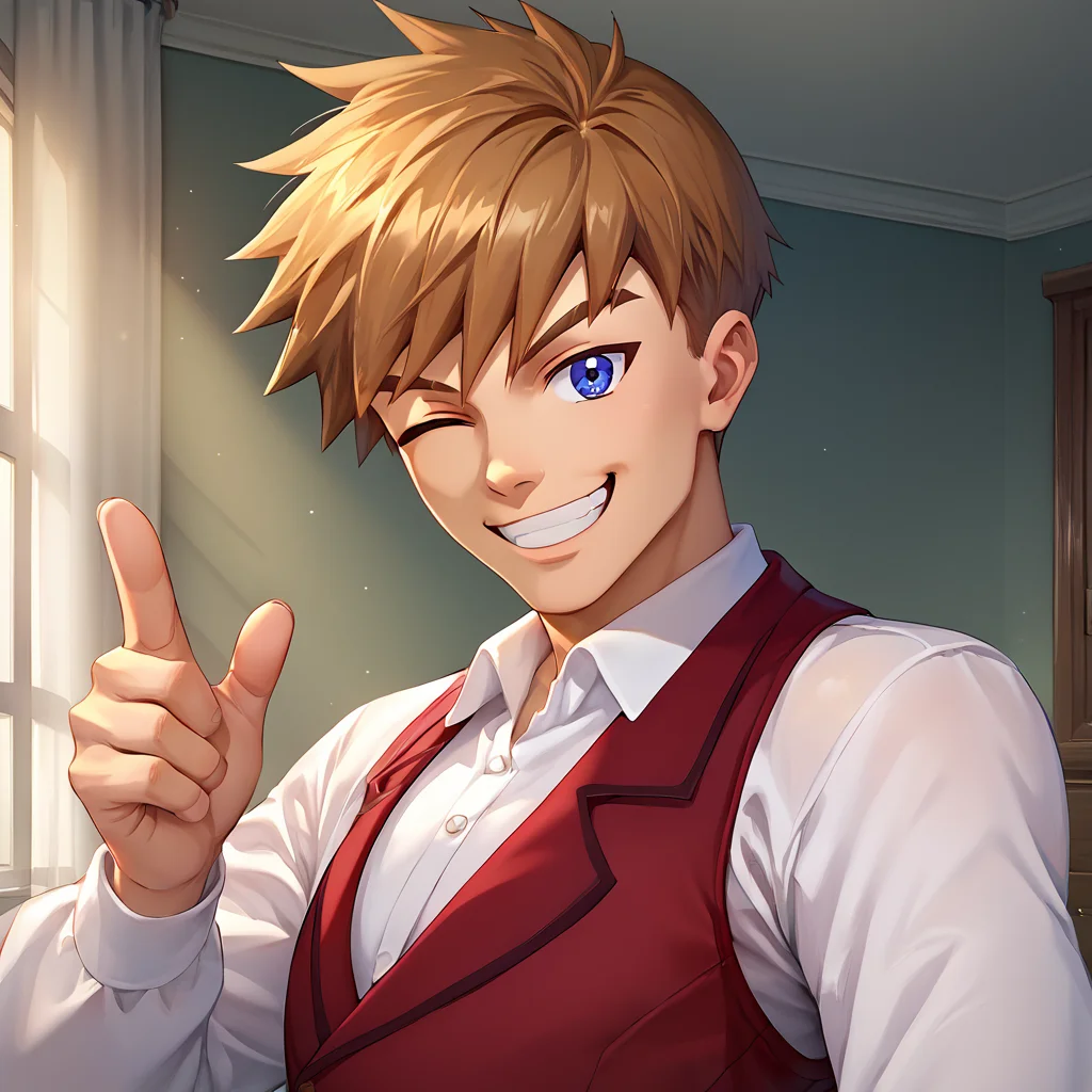 score_9,score_8_up,score_7_up,score_6_up,score_5_up,score_4_up,source_anime BREAK evi armstrong,1boy,male focus,(thumbs up:0.7),one eye closed,solo,smile,(grin:0.5),shirt,looking at viewer,white collared shirt,teeth,red waistcoat,indoors,<lora:Ray_Evi_V2-4-000008:1>,