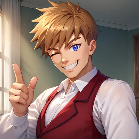 score_9,score_8_up,score_7_up,score_6_up,score_5_up,score_4_up,source_anime BREAK evi armstrong,1boy,male focus,(thumbs up:0.7),one eye closed,solo,smile,(grin:0.5),shirt,looking at viewer,white collared shirt,teeth,red waistcoat,indoors,<lora:Ray_Evi_V2-4-000008:1>,