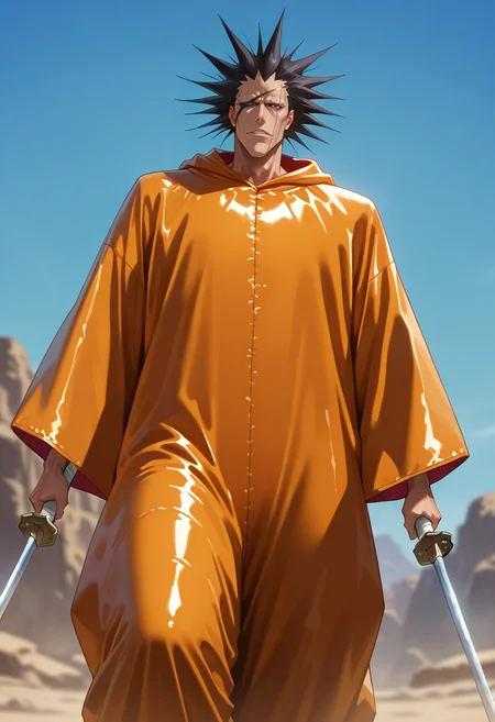 masterpiece, best quality, , (realistic:0.6), , , 1boy, solo, male focus, <lora:kenpachi_zaraki_ilxl:0.92>, kenpachi_zaraki, black hair, black eyes, spiked hair, , , sword, , candy costume