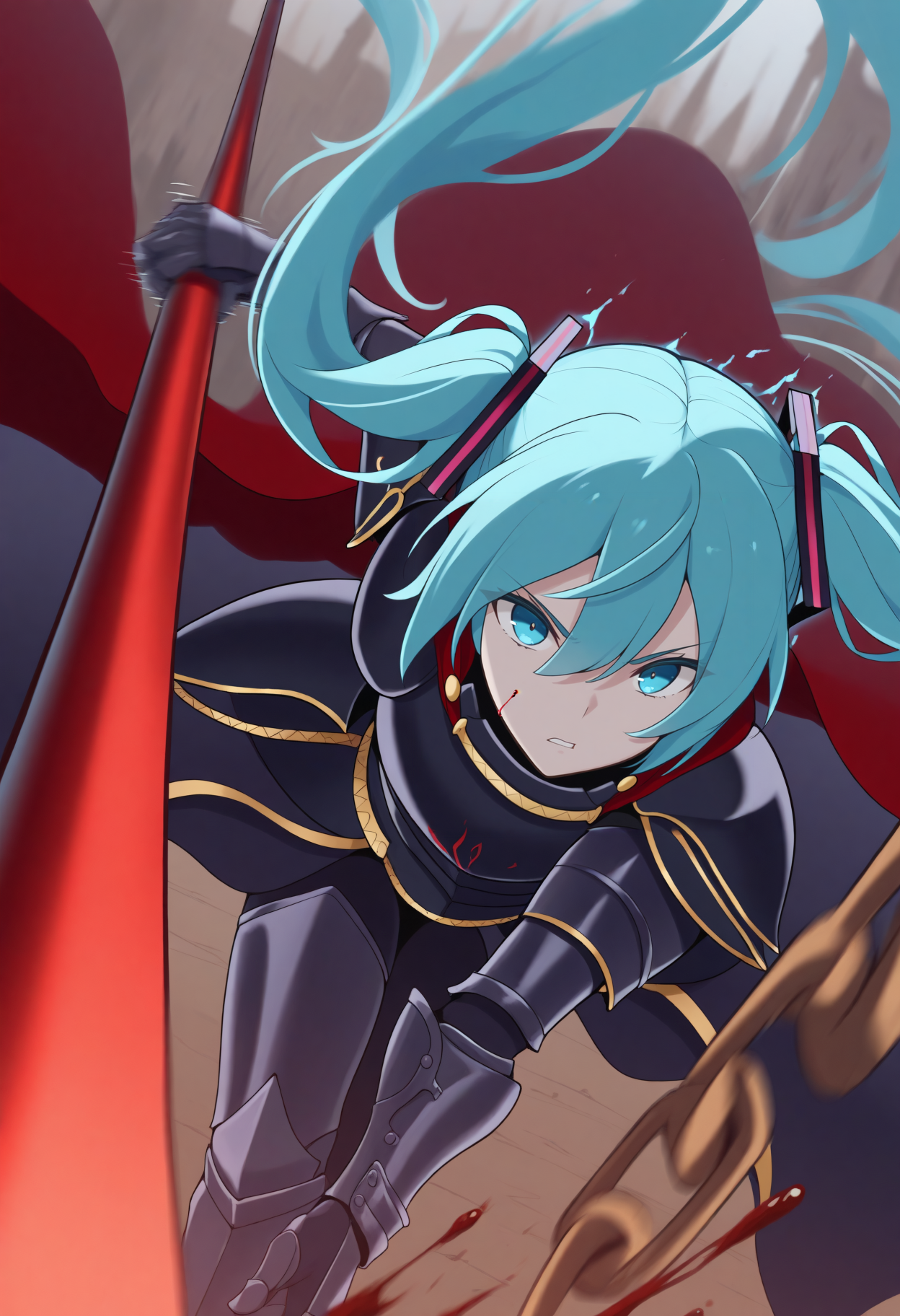 masterpiece, best quality, wearing armor, black armor, gold trim, gauntlets, greaves, cape, holding spear, dynamic pose, hatsune miku, blue eyes, outdoors, aura, foreshortening, angry, dutch angle, reaching towards viewer, unlimited blade works \(fate\), blood, leaning forward, fighting stance, battle, motion lines, motion blur, swinging, swing