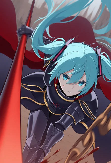 masterpiece, best quality, wearing armor, black armor, gold trim, gauntlets, greaves, cape, holding spear, dynamic pose, hatsune miku, blue eyes, outdoors, aura, foreshortening, angry, dutch angle, reaching towards viewer, unlimited blade works \(fate\), blood, leaning forward, fighting stance, battle, motion lines, motion blur, swinging, swing