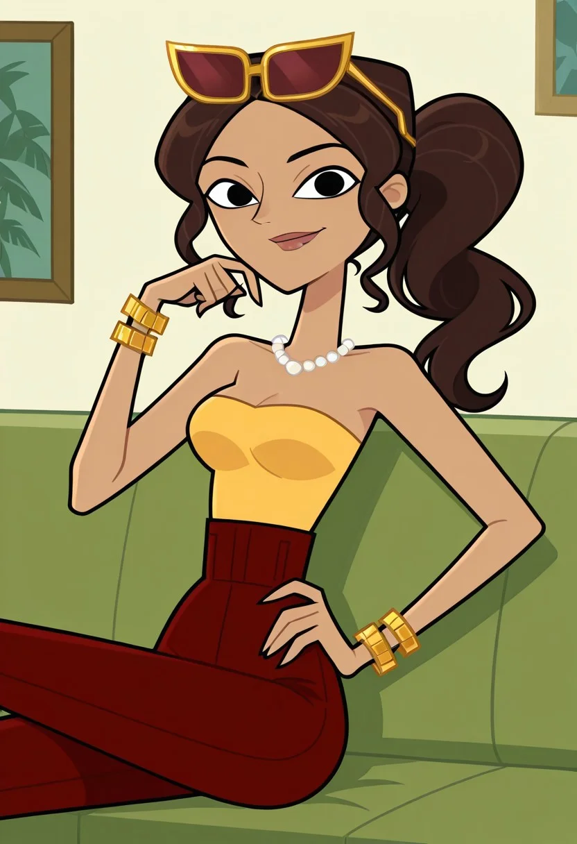 score_9,score_8_up,score_7_up, 1girl, solo, Riya_DC_IL, light brown skin, black eyes, long hair, dark brown hair, wavy hair, ponytail, lips, gold sunglasses on the head, white pearl necklace, yellow strapless top, gold bracelets, dark red skinny pants, looking at viewer, indoors, room background, (portrait) tall, sitting on the couch, smile, hand on hip, hand up