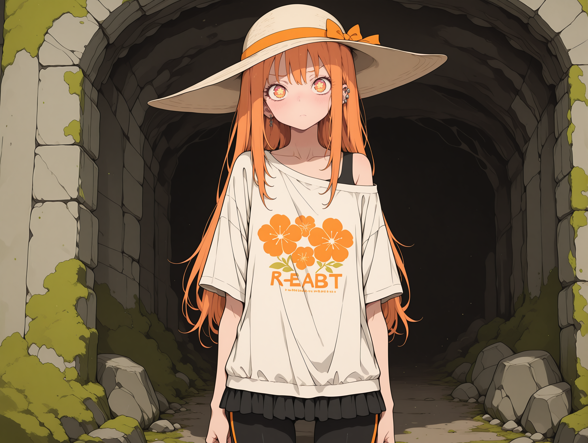 masterpiece,best quality,amazing quality, solo, character focus, outlines, flat color, Vintage, 1990s \(style\), 
harsh shadows,            
1girl,     pastel Orange eyes, symbol-shaped pupils,  skinny, curvy,       piercings,     ashamed, solo, 
looking over shoulder,  
floral print,  sun hat,  multicolored clothes, split colors, off shoulder,     thick eyelashes,  
  spandex pant-skirt hybrid, shirt,   
sfw,  
exterior, valley, moss-covered rocks, stormbreak sky, 
 <lora:add-detail-xl:2> <lora:Detailer_NoobAI_Incrs_v1:1> <lora:feet_anime_il_v3:1> <lora:hand 5.5:1> <lora:anime_screencap-Illustrious:0.4> <lora:S4bit4mago:1> S4bit4mago_illu, <lora:OldAnimeStyle_XL_v3:0.2> <lora:re4lity:0.3> re4lity_sync_illu  <lora:MJPA:0.2> MJPA <lora:NijijourneyNoob_byKonan:0.6> <lora:Clean_Chibi_Style:-0.8>