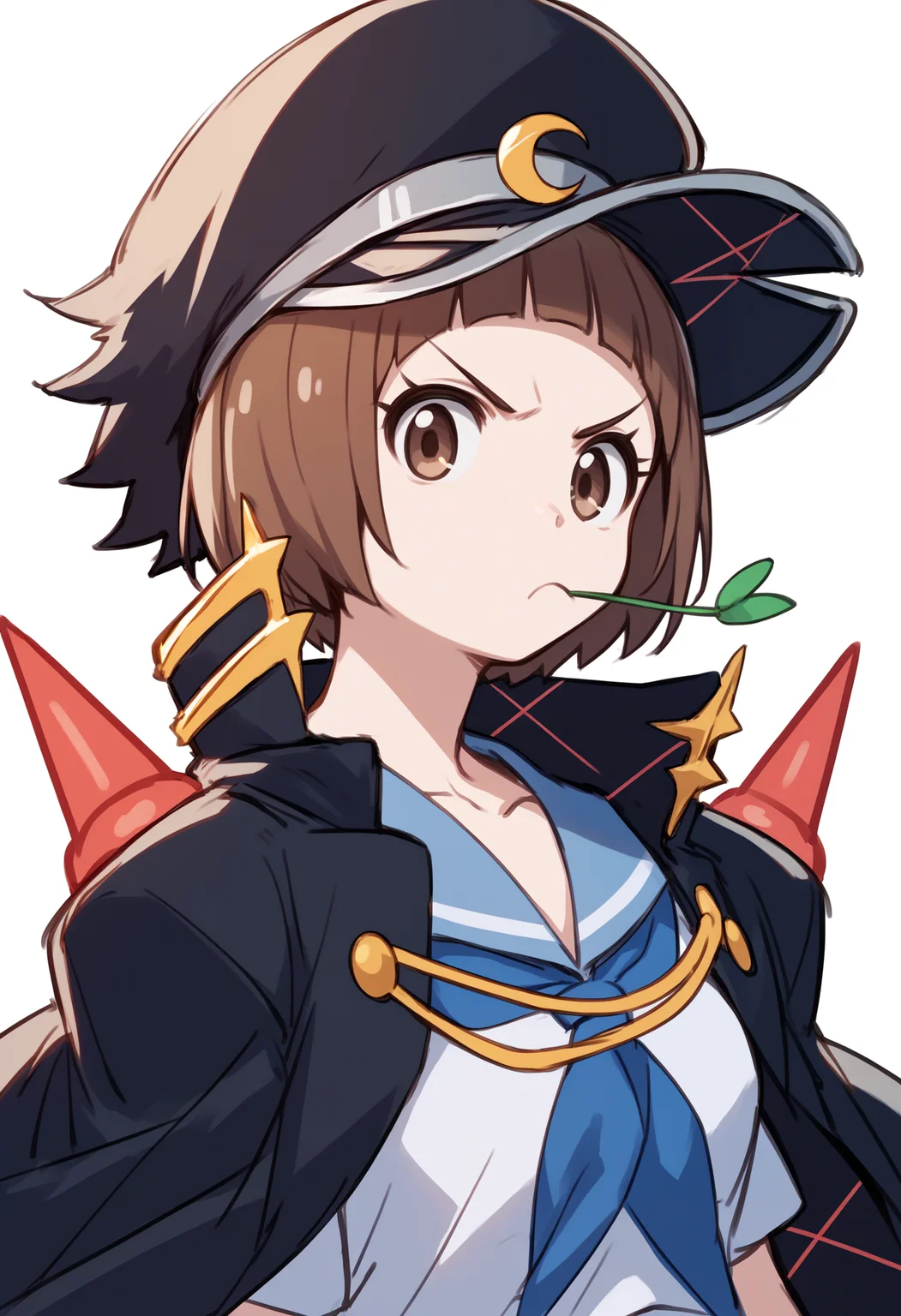 score_9, score_8_up, score_7_up, score_6_up, score_5_up, score_4_up, BREAK,
1girl, mankanshokumako, brown eyes, brown hair, short hair, mouth hold,
hat, crescent hat ornament, jacket on shoulder, school uniform, serafuku,
closeup, upper body, looking at viewer, serious, solo, sketch, simple background <lora:MakoMankanshokuFightClubXL:1>