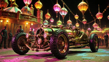 aidmaHiDreamStyle ,aidmaHyperrealism, ArcaneFGTNR,
Professional photo of a steampunk roadster design concept car built entirely from brass calliope parts, gears spinning in open view, tethered to colorful carnival balloons that lift its front wheels off the showfloor, sunset midway lights reflecting off polished metal, whimsical Wes Anderson palette.