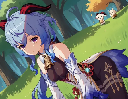 score_9, score_8_up, score_7_up, source_anime,
ganyu, <lora:genshin-ganyu-ingame-ponyxl-lora-nochekaiser:1>,
ganyu, blue hair, goat horns, horns, long hair, purple eyes, sidelocks, smile,
gloves, bare shoulders, detached sleeves, black gloves, bell, bodysuit, neck bell, black bodysuit, vision \(genshin impact\), bodystocking, cowbell, chinese knot,
outdoors, forest, nature, bent over,
looking at viewer, cowboy shot, dutch angle,