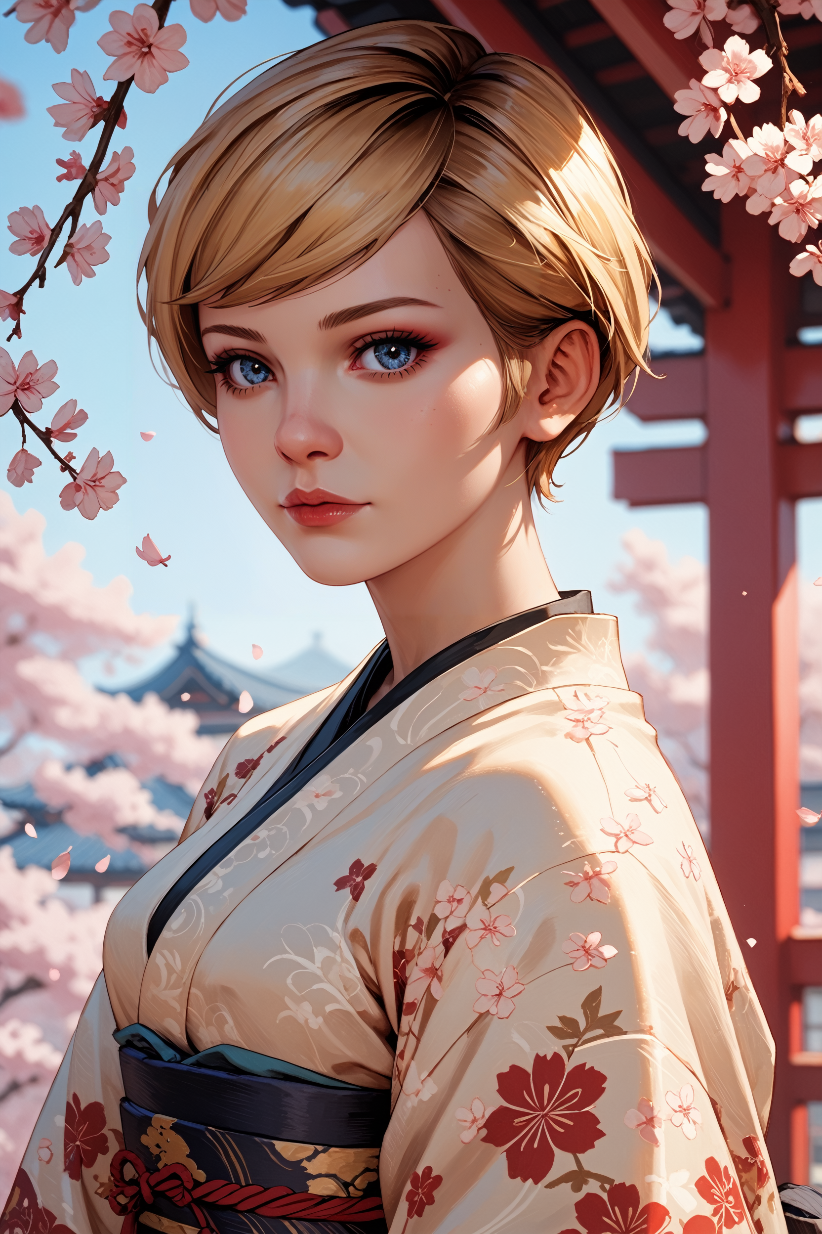 score_9, score_8_up, score_7_up,
<lora:LISVictoria:0.8>
LISVictoria, 1girl, blonde hair, blue eyes, short hair, looking at viewer, in a traditional kimono, surrounded by cherry blossoms