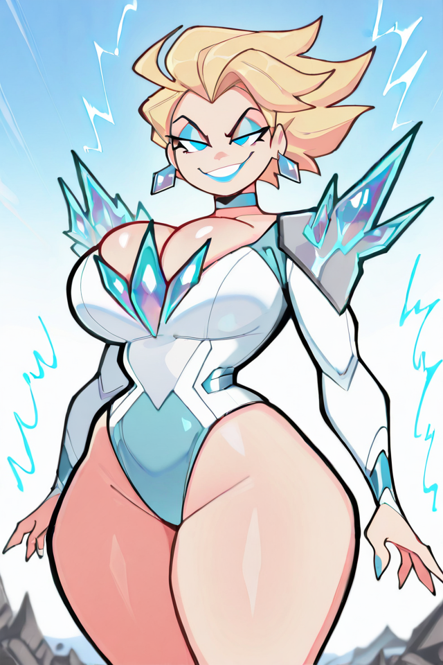 PonyScores, Expressiveh, (score_9, score_8_up, score_8, ASCII score_9), Rating 9, Rating 8, Rating 7, source_anime, masterpiece, best quality, amazing quality, (Emma Frost), Emma Frost_(Marvel Rivals), 1girl, solo, medium breasts, short hair, Blonde hair, blue eyes, lipstick, lips, breasts, thick thighs, Voluptuous body, jewelry, earrings, blue lips, makeup, choker, white leotard, shoulder armor, crystal, long sleeves, cleavage, coattails, (looking at viewer), blue nails, nail polish, curvy, standing, boots, collarbone, standing, shiny skin, shiny body, Casual, covered stomach, (beautiful atmosphere), (sharped face, beauty makeup), (beautiful skin, beautiful face), (perfect anatomy), (beautiful detailed face, beautiful oval face), (sharp out line), perfect hands, seductive smile, (perfect female body), (beautiful eyes and face), (upper body), (cowboy shot), Ice powers, Big thighs, ice glow, ice magic, ice energy, energy orbs, light particles, orbs, Blue energy, big eyes, (extremely detailed eyes), (iper detailde eyes), (ultra detail eyes), (beautiful eyes), detailed backgrounds, (detailed eyes), (perfect eyes), extremely detailed CG, extremely detailed face, detailed Lora, focused subject, black pupils, (perfect ass), (beautiful ass), thick lines, marked lines, outdoors background, (parted lips), (blue aura), (blue ki), (blue energy), <lora:EmmaFrostillusApexAi:0.7>, evil smile, crazy smile, sup3r, <lora:SuperForm:1>, aura, aised hair, floating hair, electricity, sparking, blue ki,