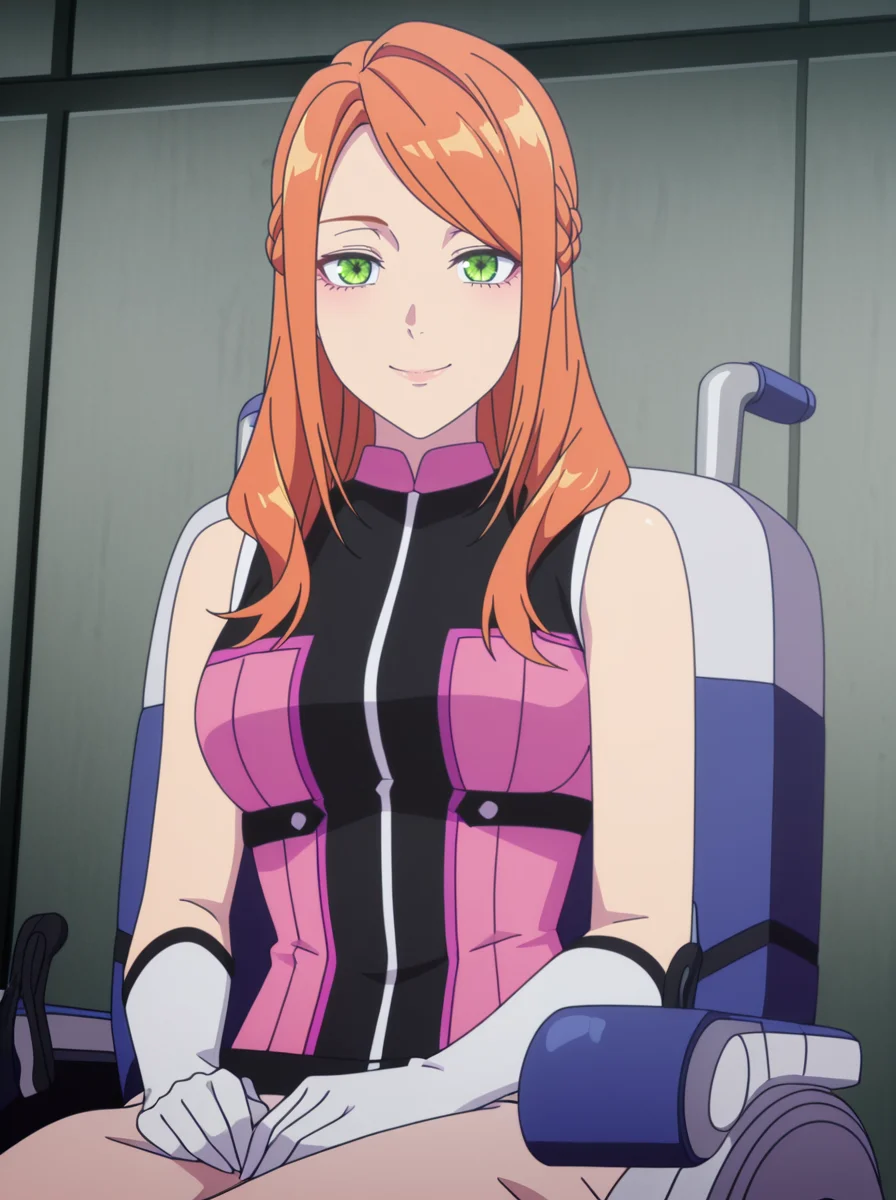 masterpiece, best quality, amazing quality, very aesthetic, absurdres, newest, anime screenshot, anime coloring, <lora:SeseraSakurama:1>1girl, long hair, gloves, seserasakurama, pinkjacket, orange hair, green eyes, braid, sitting looking at viewer, smile