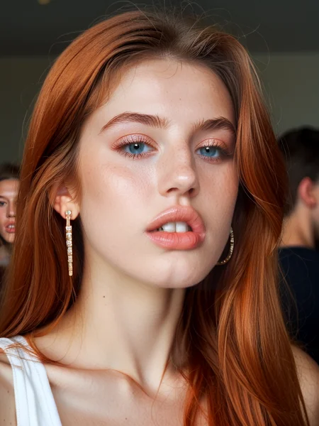score_9, score_8_up, score_7_up, ladyburns, sideburns, 1girl, solo, looking at viewer, bucktoothed, isolated, teefs44, parted lips, big teeth, jewelry, earrings, long hair, ginger hair, bignoselady, large nose, aquiline, round face, (dimples:1.2), full lips, big lips, cupids bow, bow shaped lips, wide mouth <lora:Lady_Sideburns-000008:1>, <lora:Teefs-000007:.68>, <lora:Big_Nose_Ladies-000008:.8>