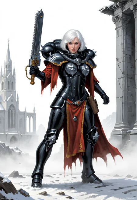(Art by Drew Struzan), (masterpiece, best quality, hyper detailed, ultra realistic, 32k, RAW photo), full body shot of single adepta sororitas, black power armour, short red cape, holding a  single
 long masssive 40kchainsword, messy white hair, slight smile, dramatic pose, snowy ruins in background, gold:0.2 details, <lora:add-detail-xl:0.8> <lora:adepta_sororitas_xl_v1:1>  <lora:Desolation:0.3> <lora:Chainsword_-_Warhammer_40000_SDXL:1> <lora:RMSDXL_Enhance:0.8> <lora:quality1:0.8>