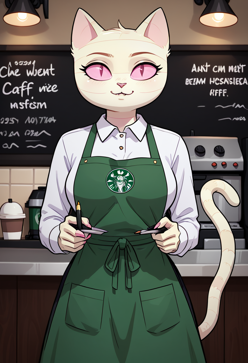 score_9, score_8_up, score_8,    <lora:Me-Mow_Adventure_Time_for_PonyXL:0.8> 1girl, cat girl, mem0w, wrappings, tail, pink eyes, coffee shop, uniform, apron