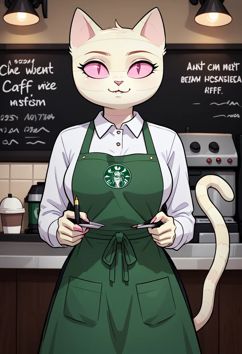 score_9, score_8_up, score_8, <lora:Me-Mow_Adventure_Time_for_PonyXL:0.8> 1girl, cat girl, mem0w, wrappings, tail, pink eyes, coffee shop, uniform, apron