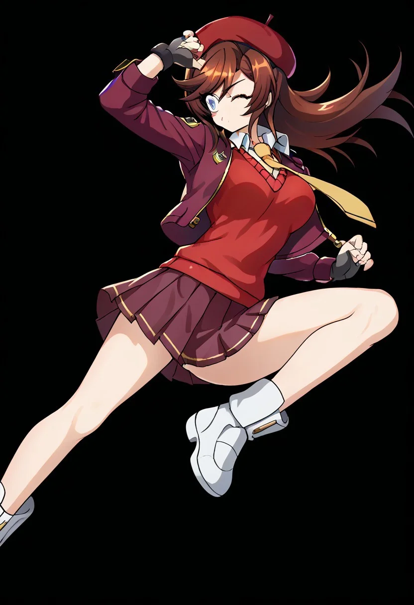 score_9, score_8_up, score_7_up, source_anime, good anatomy, 1girl, solo, 1girl, solo, MiinaWeltkatze, auburn hair, long hair, swept bang, blue eyes, red sweater, sweater vest, collared undershirt, white undershirt, undershirt, yellow tie, dark red cropped jacket, dark red skirt, miniskirt, pleated skirt, gold trim, fingerless gloves, black gloves, red beret, arm over head, standing, winking, air kiss, white boots, rider kick, long legs