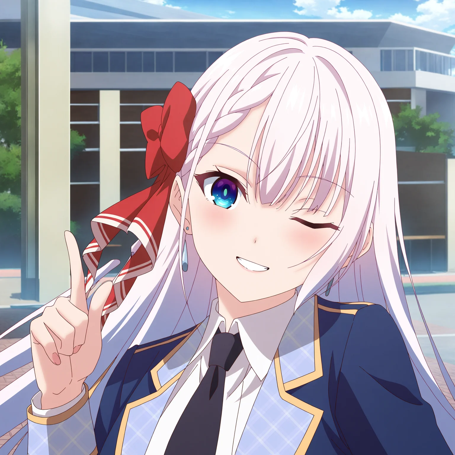 <lora:Riselia2-000018:0.7>Riselia,solo,looking at viewer,normal suit,smile,index finger raised,one eye closed,outdoors,