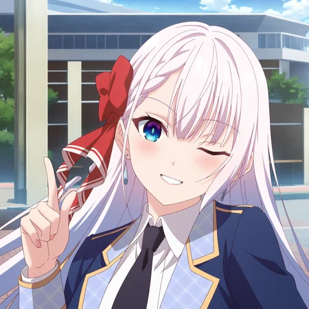 <lora:Riselia2-000018:0.7>Riselia,solo,looking at viewer,normal suit,smile,index finger raised,one eye closed,outdoors,