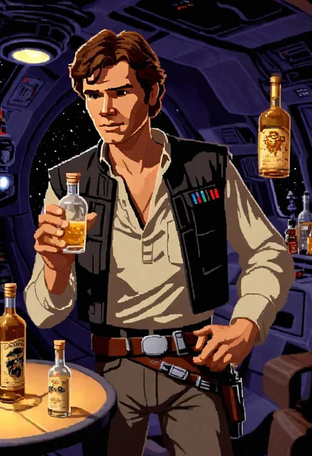lucasarts style, a drunk Han solo is holding a glowing bottle of tequila in a millennium falcon <lora:lucasarts style:1>