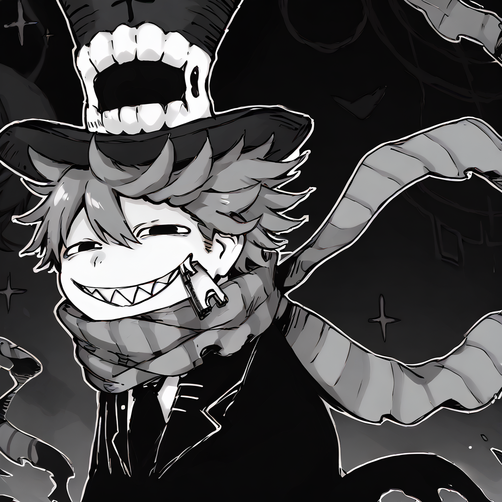 <lora:Happy_Heroine_Sniper:1> teeth, hat, sharp teeth, grin, scarf, top hat, monochrome, striped scarf, black suit
 <lora:AnyasHehFaceMeme_XLPD:0.8> IncrsAnyasHehFaceMeme, grin
