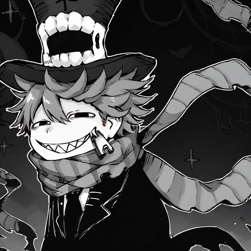 <lora:Happy_Heroine_Sniper:1> teeth, hat, sharp teeth, grin, scarf, top hat, monochrome, striped scarf, black suit
<lora:AnyasHehFaceMeme_XLPD:0.8> IncrsAnyasHehFaceMeme, grin