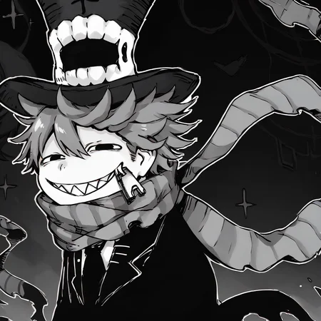 <lora:Happy_Heroine_Sniper:1> teeth, hat, sharp teeth, grin, scarf, top hat, monochrome, striped scarf, black suit
<lora:AnyasHehFaceMeme_XLPD:0.8> IncrsAnyasHehFaceMeme, grin