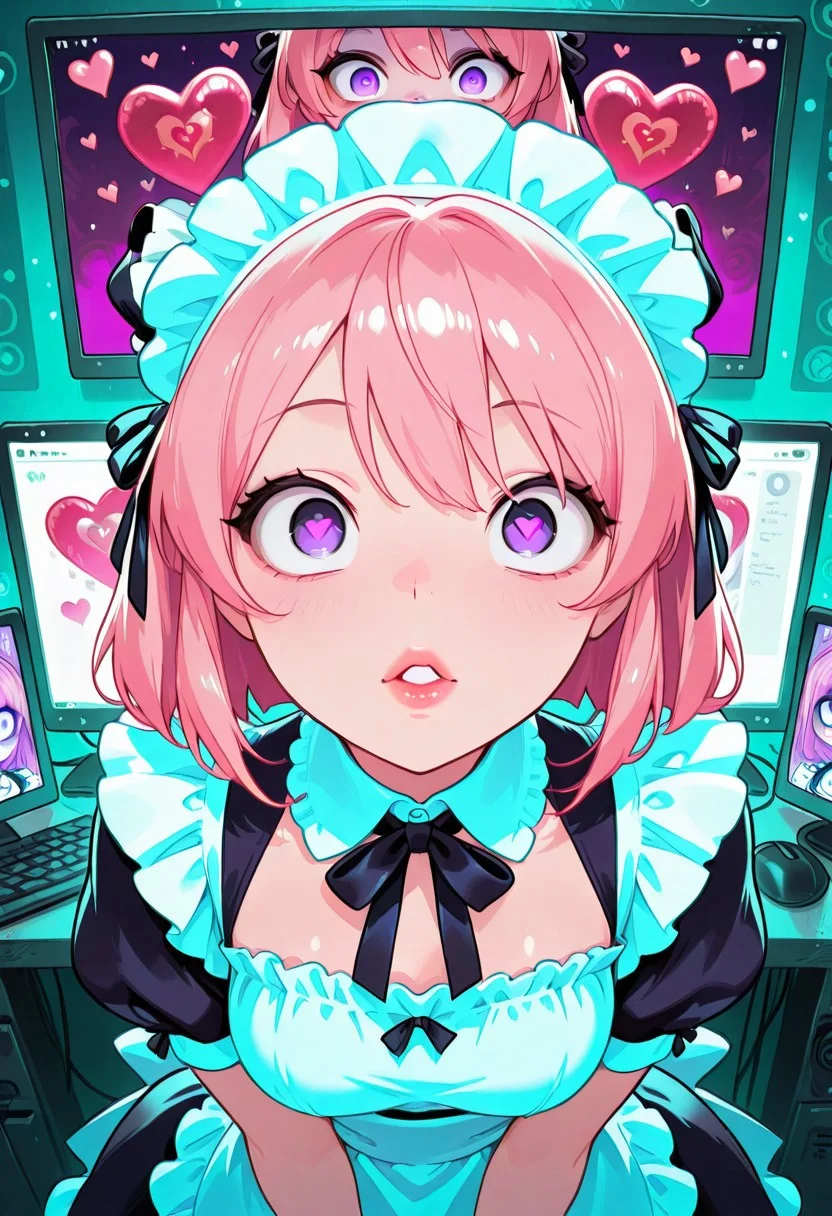 <lora:CivChan:1> CivChan, purple eyes, pink hair, maid outfit, medium breasts, pov_kiss, full lips, floating hearts, hearts, crazy eyes, computer screens in background with static, heart balloons, glitter