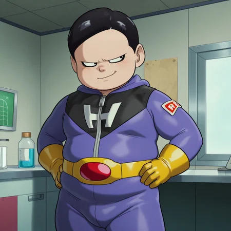 masterpiece, best quality, amazing quality, 1boy, male, solo, human, short hair, black hair, black eyes, black eyeliner, short, chubby, purple and black costume, zipper, yellow gloves, yellow belt, yellow boots, standing, smirk, hands on hips, indoors, lab