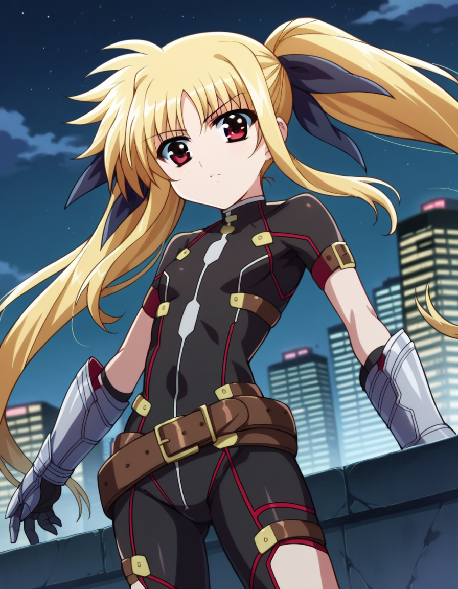 score_9, score_8_up, score_7_up, source_anime,
fatetestarossa, <lora:fate-testarossa-movie2-ponyxl-lora-nochekaiser:1>,
fate testarossa, long hair, blonde hair, red eyes, twintails, hair ribbon,
gloves, belt, bodysuit, magical girl, gauntlets,
outdoors, cityscape, night,
looking at viewer, dutch angle, cowboy shot,