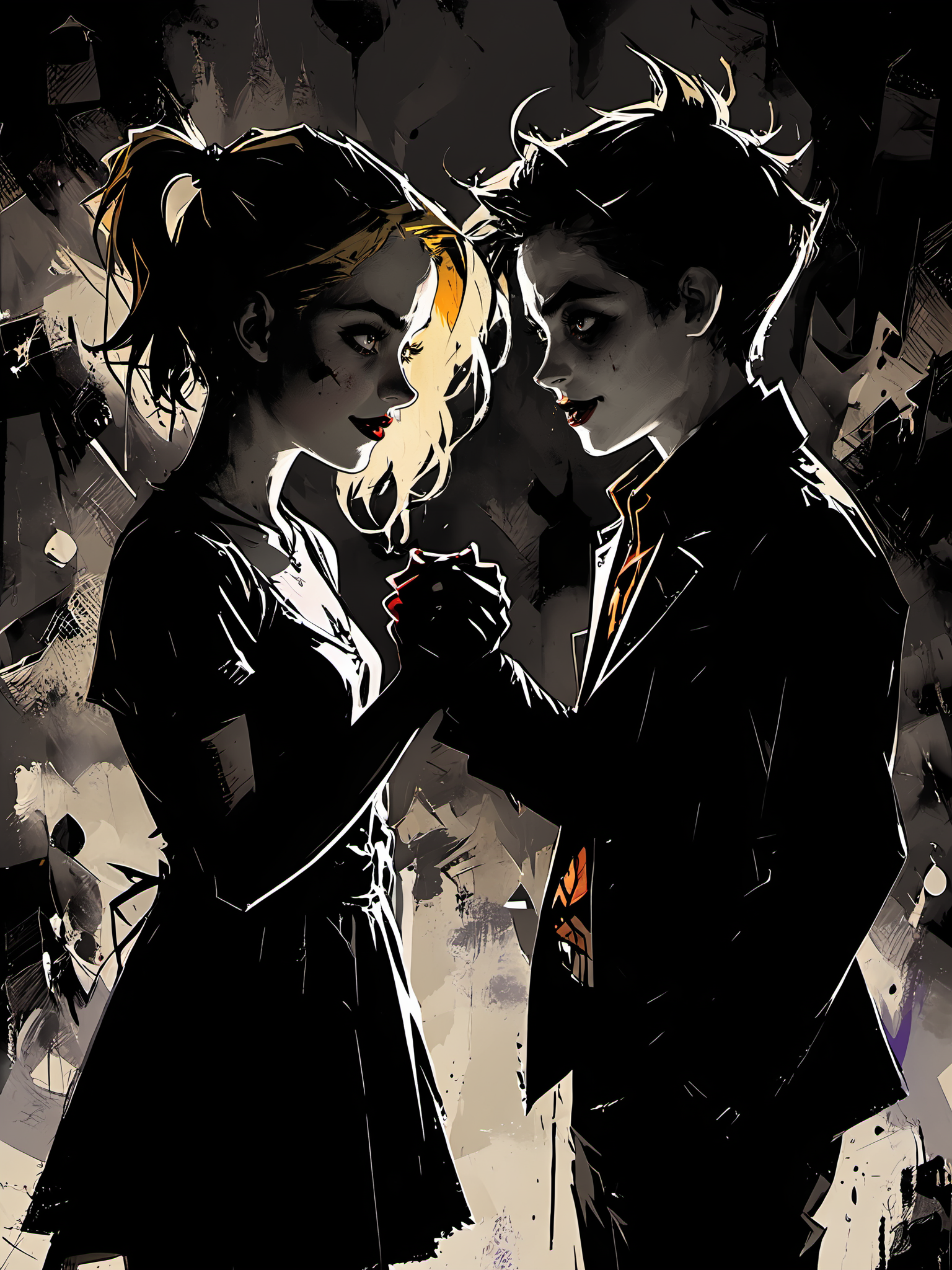 bold artwork,creative use of shadows and textures to create an image using negative space,masterful use of limited colors to create an image of bold contrasts,inventive and whimsical use of camera angles to give new perspective to illustration,"the joker and harley quinn holding hands",1boy,1girl,<lora:Dark_Novel:0.8>,, glow effects, godrays, Hand drawn, render, 8k, octane render, cinema 4d, blender, dark, atmospheric 8k ultra detailed, cinematic, Sharp focus, big depth of field, Masterpiece, 3d octane render, 8k, concept art, trending on artstation, hyperrealistic, extremely detailed CG unity 8k wallpaper, trending on CGSociety, Intricate, High Detail, dramatic