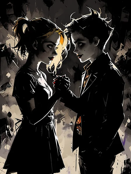 bold artwork,creative use of shadows and textures to create an image using negative space,masterful use of limited colors to create an image of bold contrasts,inventive and whimsical use of camera angles to give new perspective to illustration,"the joker and harley quinn holding hands",1boy,1girl,<lora:Dark_Novel:0.8>,, glow effects, godrays, Hand drawn, render, 8k, octane render, cinema 4d, blender, dark, atmospheric 8k ultra detailed, cinematic, Sharp focus, big depth of field, Masterpiece, 3d octane render, 8k, concept art, trending on artstation, hyperrealistic, extremely detailed CG unity 8k wallpaper, trending on CGSociety, Intricate, High Detail, dramatic
