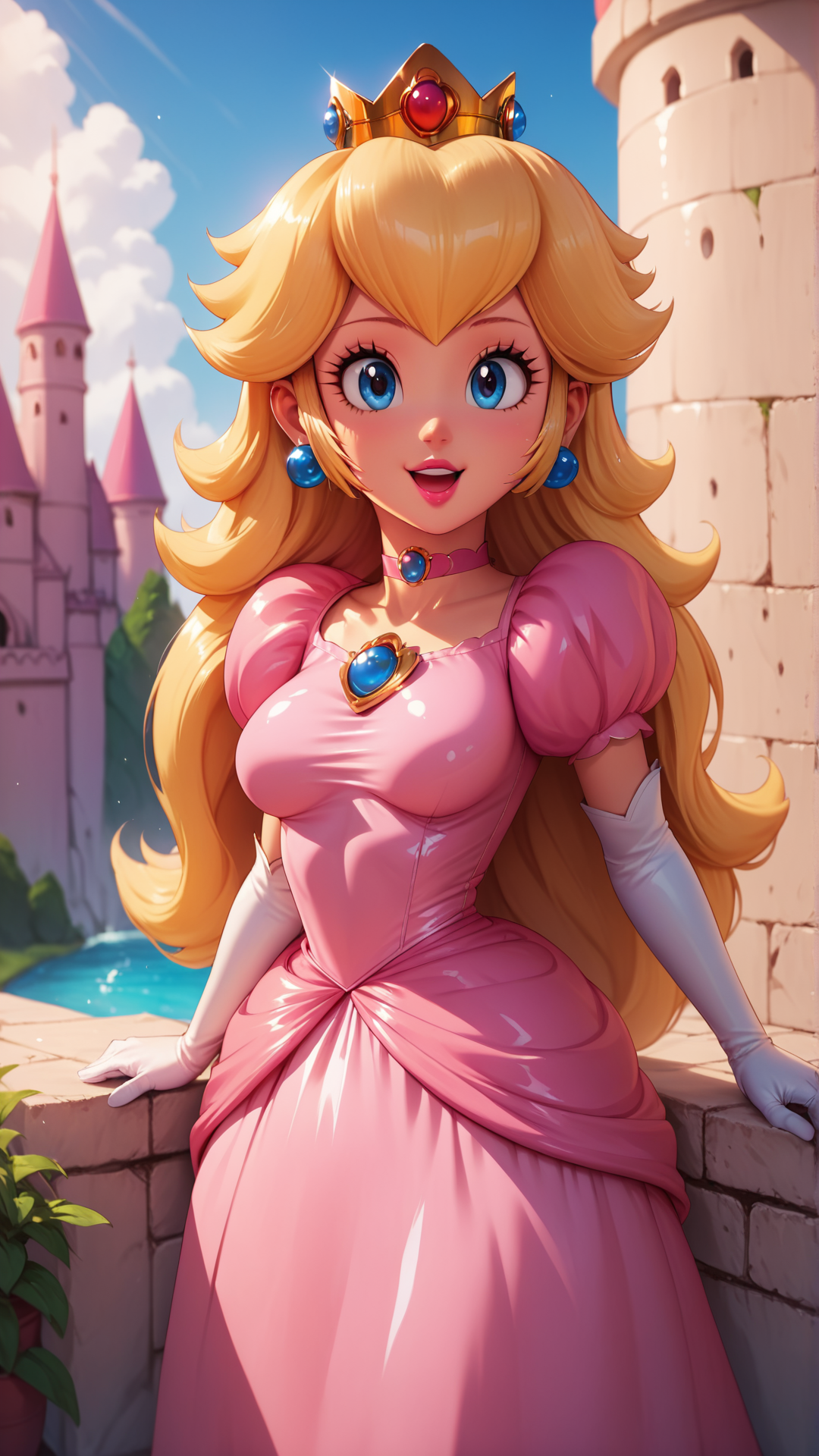 score_4,score_5,score_6,score_7_up,score_8_up,score_9 BREAK 1girl,solo,jewelry,earrings,long hair,breasts,very long hair,big hair,choker,dress,medium breasts,:d,outdoors,smile,open mouth,<lora:Princess_Peach_Shiny_Style_V2:0.8>,shiny,shiny skin,princess peach,castle,