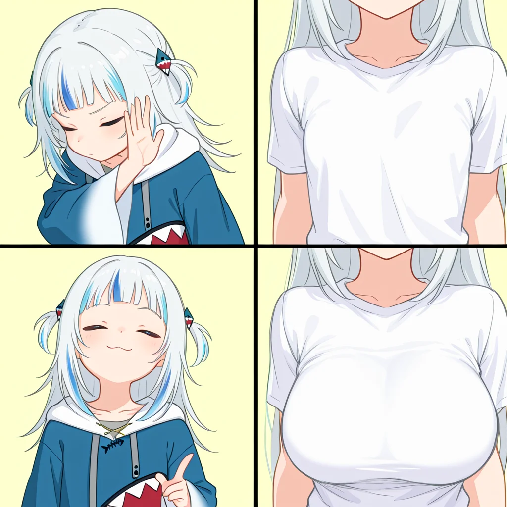 masterpiece, best quality, amazing quality, drakeposting_meme, 4koma, simple background,
BREAK
1girl, gawr gura, closed eyes, no gesture,
BREAK
1girl, flat chest, faceless, sketch, upper body, white shirt,
BREAK
1girl, gawr gura, closed eyes, pointing, yes gesture,
BREAK
1girl, large breasts, upper body, faceless, sketch, white shirt,
<lora:drakeposting_meme-000007:1>