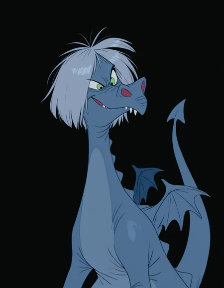 smooth quality, masterpiece, very intricate, high quality details, ultra realistic, high detailed skin, detailed environment, absurdres, solo, simple background, black background, color drain, erosdragonmadammim, blue dragon, green eyes, grey hair, wings, tail, animal, no humans, sharp teeth, evil face