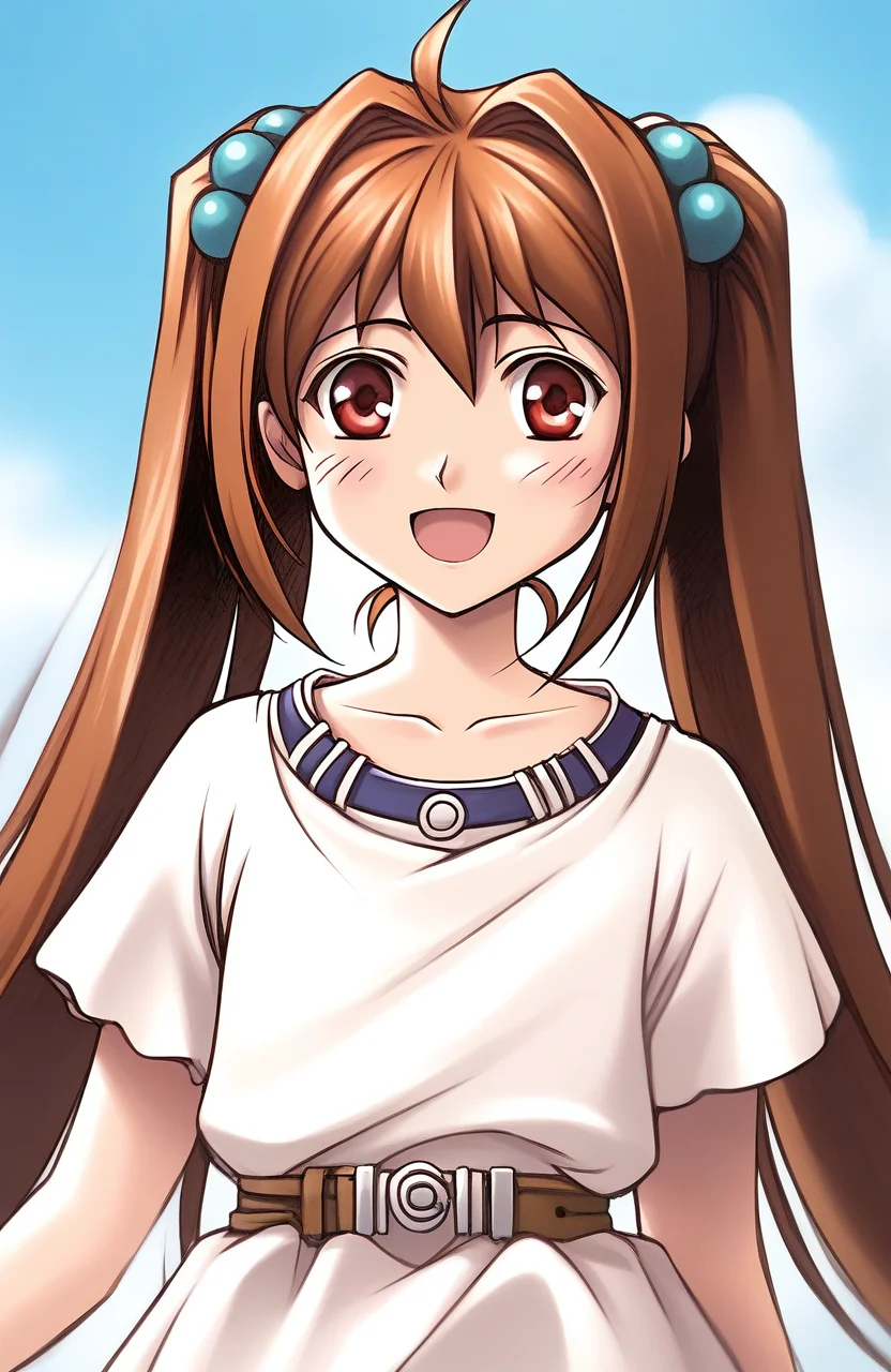 score_9, score_8_up, score_7_up, source_anime, rating_explicit, BREAKã <lora:Estelle_Bright_Retro_XL:1> Estelle_Bright, brown hair, long hair, red eyes, ahoge, brown eyes, very long hair, hair intakes, short stack,
1girl, solo, twintails, blush, hair ornament, hair bobbles, open mouth, dress, belt,
upper body, collarbone, transparent background, white dress
day, outdoor,
looking at viewer,
cowboy_Shot,