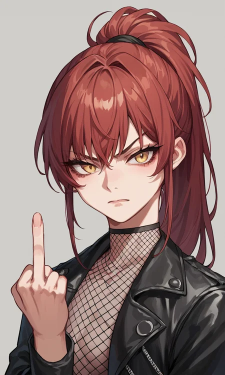 score_9, score_8_up, score_7_up, score_6_up, source_anime, BREAK close-up, 1girl, dark red hair, long hair, ponytail, yellow eyes, higheel boots, miniskrit, fishnets, leather jacket, fckYou, middle finger