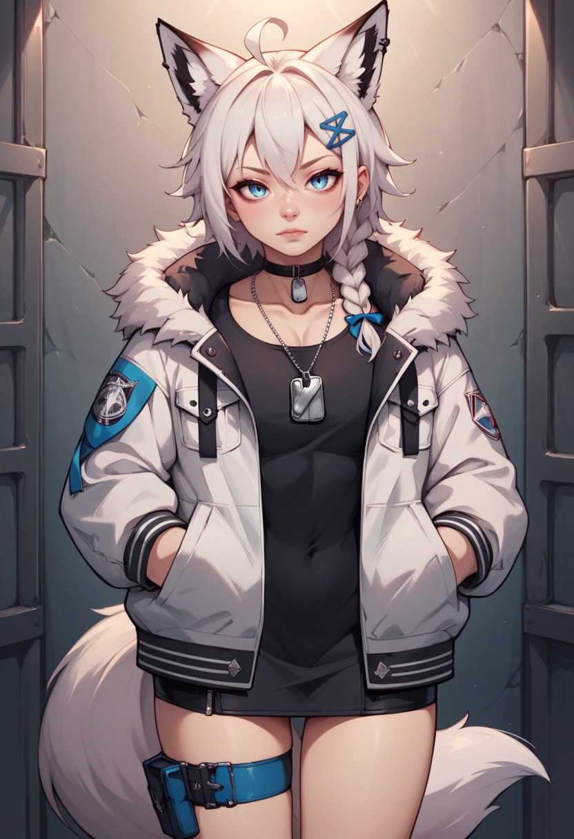 score_9, score_8_up, score_7_up, score_6_up, score_5_up, score_4_up, rating_explicit,  BREAK,  <lora:fubukiXL-10:0.75> fubukitechwear, white jacket, fur-trimmed jacket, hairclip, dog tags, choker, white microdress, black microdress, thigh strap, blue ribbon, white hair, single side braid, ahoge, piercing, fox tail, pentagram hands in pockets