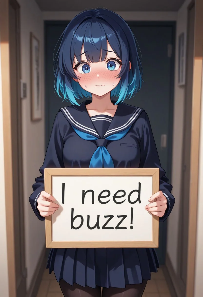 masterpiece, best quality, 1girl, blue hair, short hair, bangs, blue eyes, dark blue serafuku, dark blue skirt, pleated skirt, pantyhose, standing, embarrassed, cowboy shot, need_buzz, holding sign