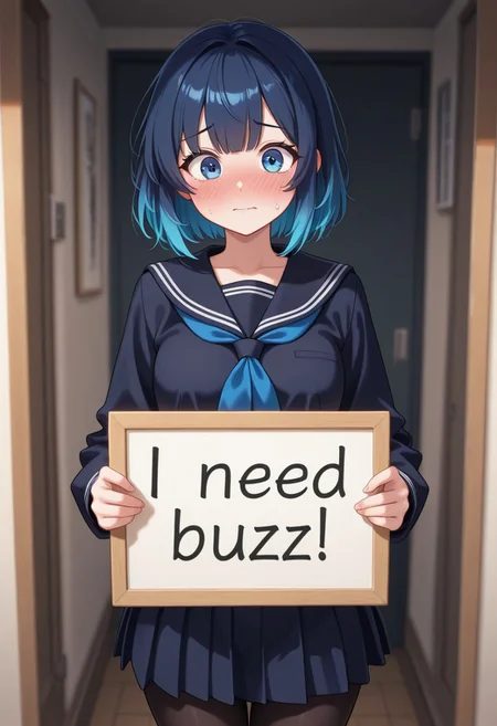 masterpiece, best quality, 1girl, blue hair, short hair, bangs, blue eyes, dark blue serafuku, dark blue skirt, pleated skirt, pantyhose, standing, embarrassed, cowboy shot, need_buzz, holding sign