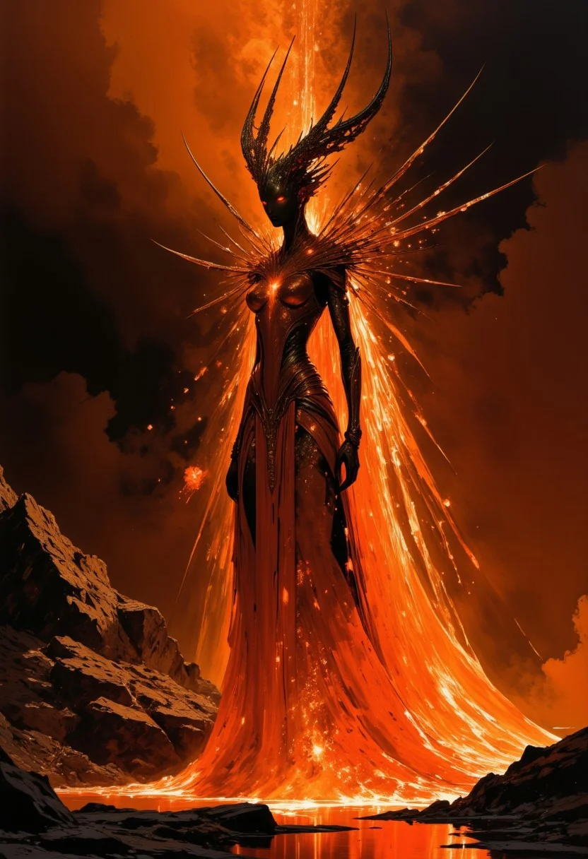 impressionist classical-style painting of a highly detailed, fantasy scene with a dramatic, fiery aesthetic. The central figure is a woman with an ethereal, glowing appearance, standing in a dimly lit, fiery environment. She has a striking, almost otherworldly appearance, with her skin glowing with a fiery, lava-like texture. Her long, flowing hair and eyes are an intense, fiery orange, matching the flames that surround her, she is dressed in a redish, glowing bodysuit made of lava and rock, smoke billowing in the background, (((ultra-realistic style))), realistic soft lighting, dark, eye-catching, atmospheric lighting, natural, shallow depth of field, (highlights: 0.8), high detail (dynamic, cinematic shot, film grain, bokeh, depth of field,