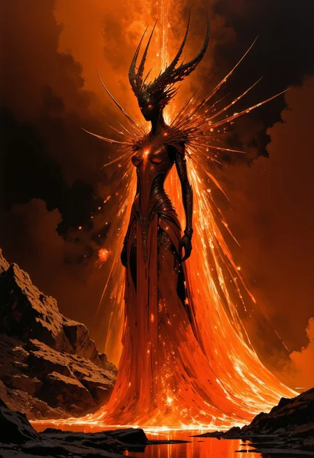 impressionist classical-style painting of a highly detailed, fantasy scene with a dramatic, fiery aesthetic. The central figure is a woman with an ethereal, glowing appearance, standing in a dimly lit, fiery environment. She has a striking, almost otherworldly appearance, with her skin glowing with a fiery, lava-like texture. Her long, flowing hair and eyes are an intense, fiery orange, matching the flames that surround her, she is dressed in a redish, glowing bodysuit made of lava and rock, smoke billowing in the background, (((ultra-realistic style))), realistic soft lighting, dark, eye-catching, atmospheric lighting, natural, shallow depth of field, (highlights: 0.8), high detail (dynamic, cinematic shot, film grain, bokeh, depth of field,