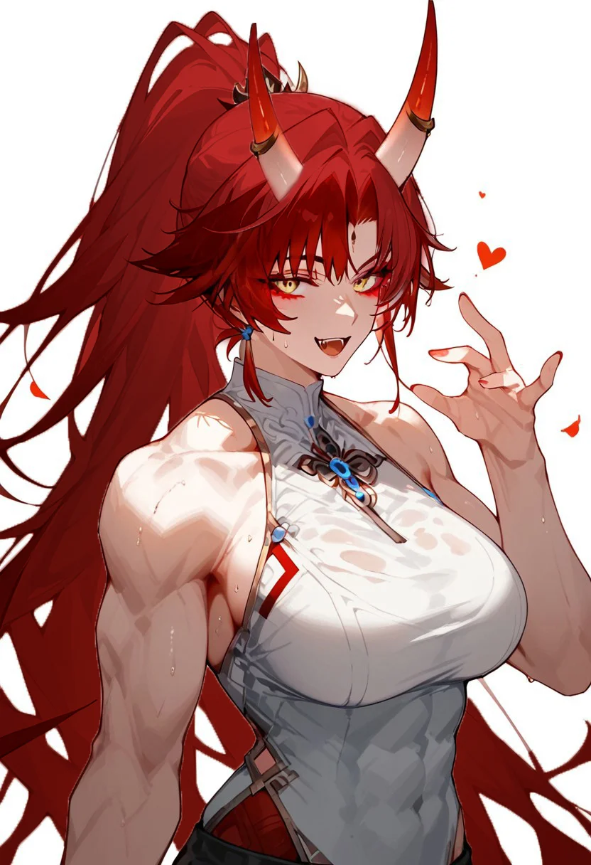 score_9,score_8_up,score_7_up,score_6_up, Expressiveh, Oni, Reika, Zeriastra, Skybreaker,1girl, solo, adult, tall female, golden eyes, red makeup, red hair, streaked hair, long hair ponytail, ponytail, short hairs, red and black horns, spiky horns, breasts, large round breasts, muscular, (thick thighs:0.6), (happy:0.9), FEI XIAO REGULAR WEAR, epic pose, sweaty, simple background