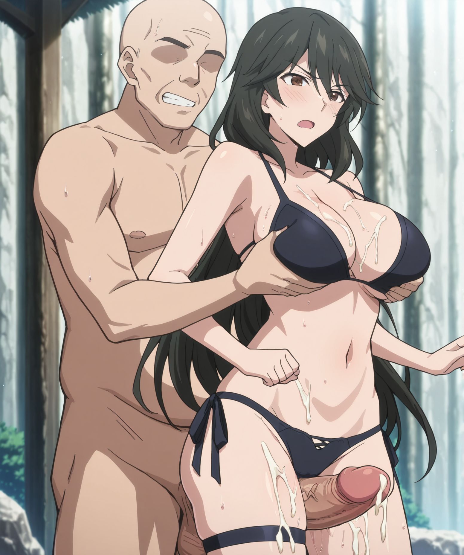 masterpiece, best quality, newest, absurdres, highres, detailed eyes, beautiful, detailed background, perfect eyes, anime coloring, anime screencap,
<lora:Thigh_Sex:1>Thigh_SexV1,
thigh sex,  standing,huge penis, 
cum on body,standing,  grabbing from behind, 
BREAK
mm,mature female,black hair,brown eyes,long hair,,large breasts, black bikini,wet,thigh strap, 
<lora:Chifuyu_Orimura-Infinite_Stratos:0.8>
BREAK
fatman, ugly man, bald,faceless male,