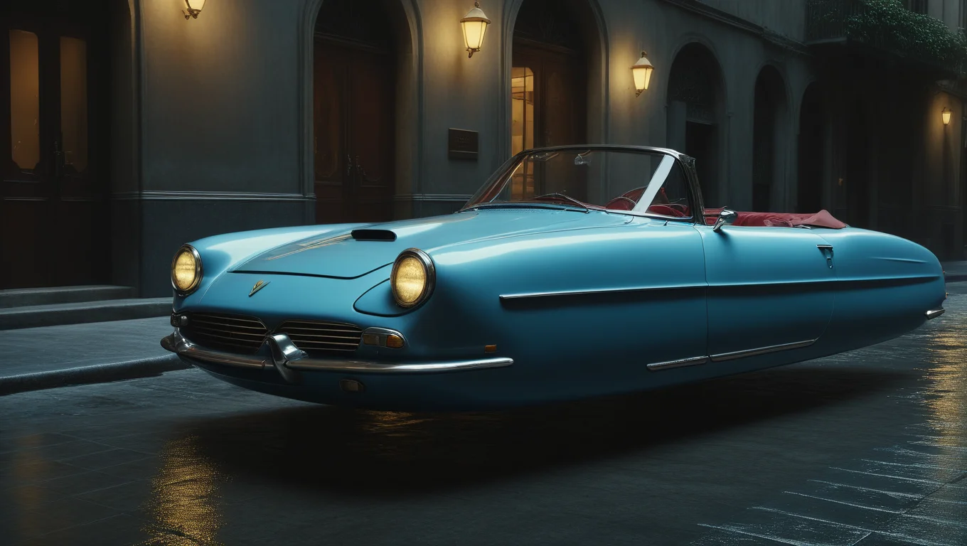 ligth blue hovering car, <lora:Hovering_Car_SDXL_v1:1>Hovering_Car,italian make, 1959, city streets, no wheels, (1950s  automobile)  hyper realistic, 16k, cinematic lighting, wide shot, f/3.6, gotham city background, gloomy, haze, perfect composition, beautiful detailed intricate insanely detailed octane render trending on artstation, 8 k artistic photography, photorealistic concept art, soft natural volumetric cinematic perfect light, chiaroscuro, award - winning photograph, masterpiece, oil on canvas, raphael, caravaggio, greg rutkowski, beeple, beksinski, giger