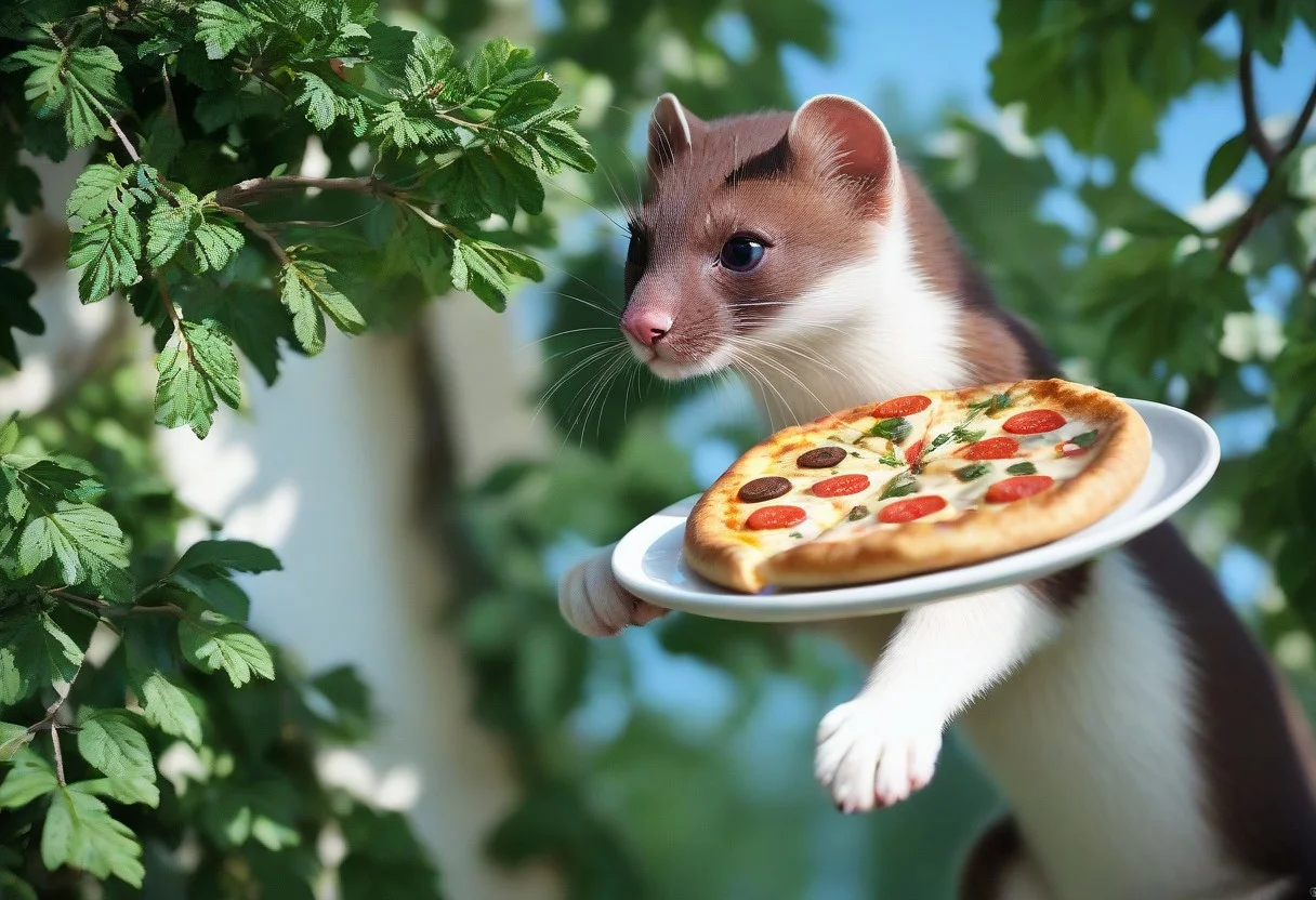 score_9, score_8_up, score_7_up, score_6_up, score_5_up, score_4_up, fur, animal weasel, g5, rich colors, front view, detailed background, detailed, 8k quality, side view, beautiful, teasing, freely actions, small, sausage tree, flying pizza like a Bassariscus, pizza,
