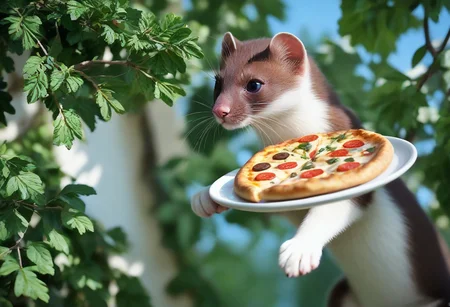 score_9, score_8_up, score_7_up, score_6_up, score_5_up, score_4_up, fur, animal weasel, g5, rich colors, front view, detailed background, detailed, 8k quality, side view, beautiful, teasing, freely actions, small, sausage tree, flying pizza like a Bassariscus, pizza,