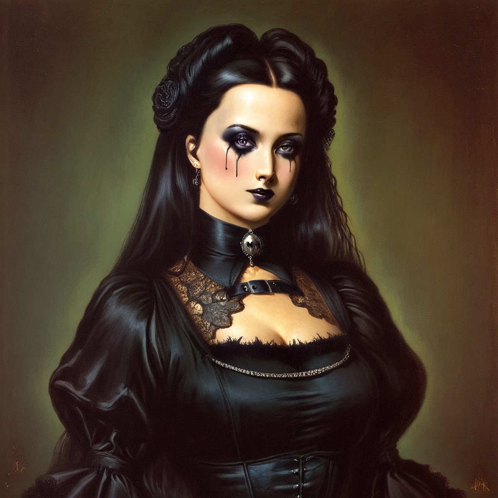 JanMatejkoStyle-IL.V1.0, oil painting, traditional media, classic media, 1girl, goth girl, gothic, makeup, runny makeup