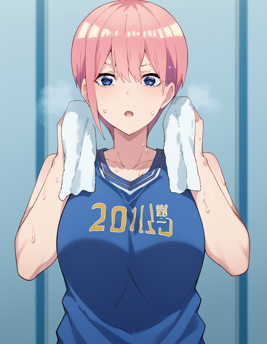 score_9, score_8_up, score_7_up, source_anime, <lora:ichika-nakano-s2-ponyxl-lora-nochekaiser:1>, ichika nakano, short hair, bangs, blue eyes, hair between eyes, pink hair, pixie cut, mature female, large breasts, <lora:basketball-uniform-ponyxl-lora-nochekaiser:1> basketball uniform, basketball jersery, sportswear, jersey, shorts, sleeveless,, audience, gym, sweat, open mouth, steam, <lora:wiping-towel-ponyxl-lora-nochekaiser:1> wiping sweat, towel, holding, sweat, holding towel, looking at viewer, open mouth,, cowboy shot,